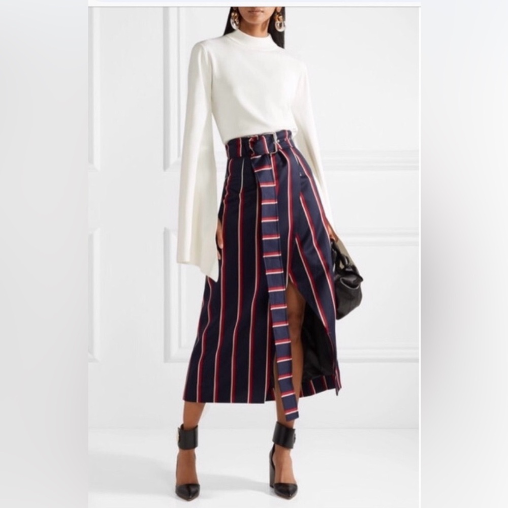 SOLACE LONDON Apolline Stripe Belted Wrap Wool Blend Midi Skirt In Navy Red sz.2